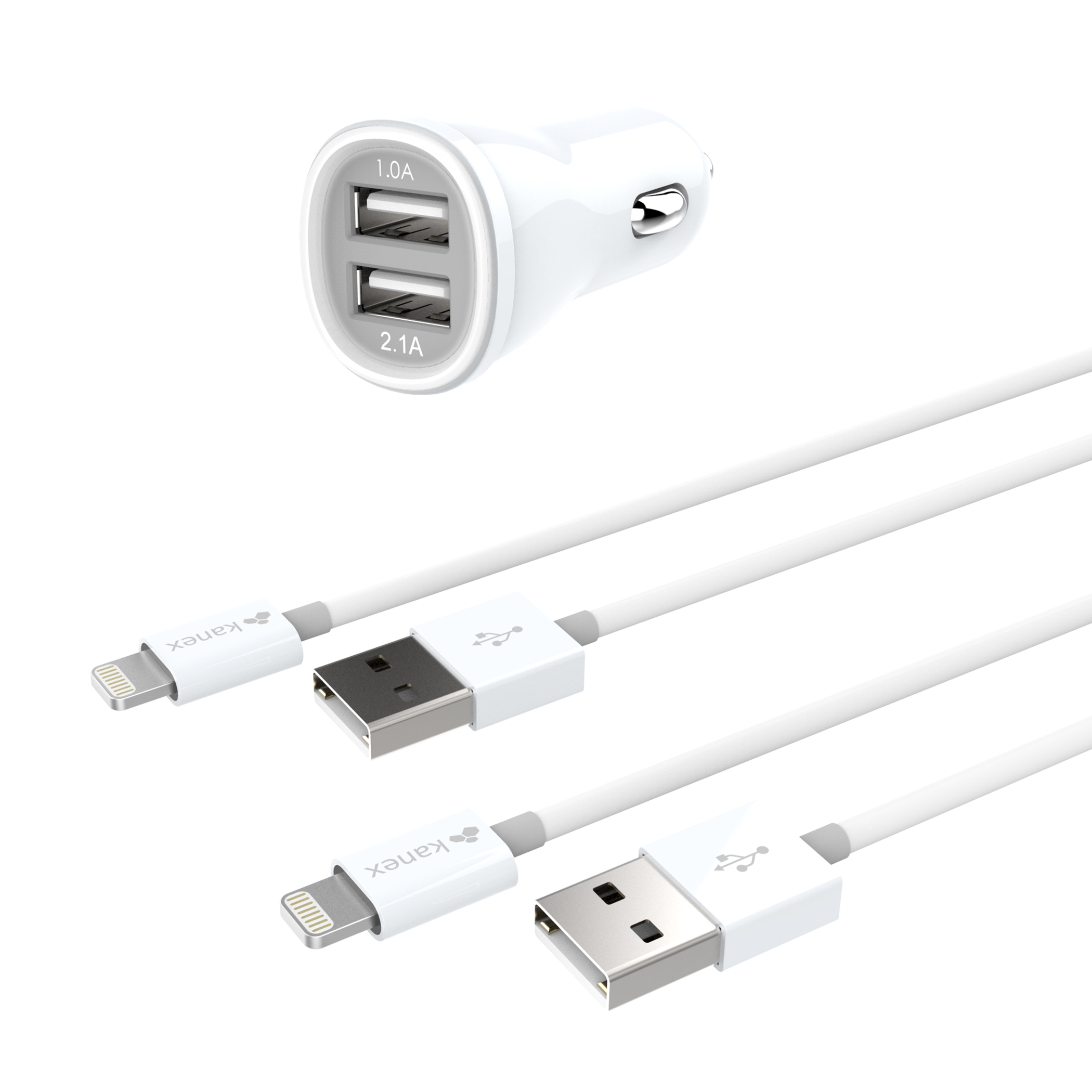 2Port Car Charger and 2 Lightning Cables White